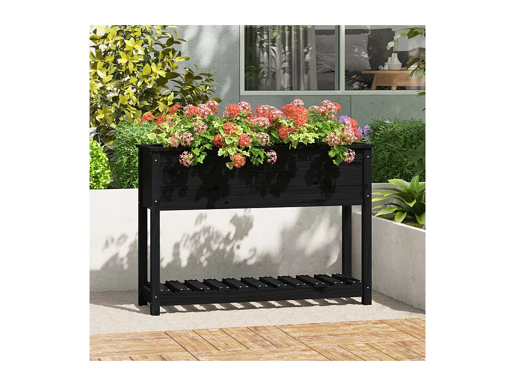 Jardinière avec étagère Noir 111,5x34,5x81cm Bois massif de pin
