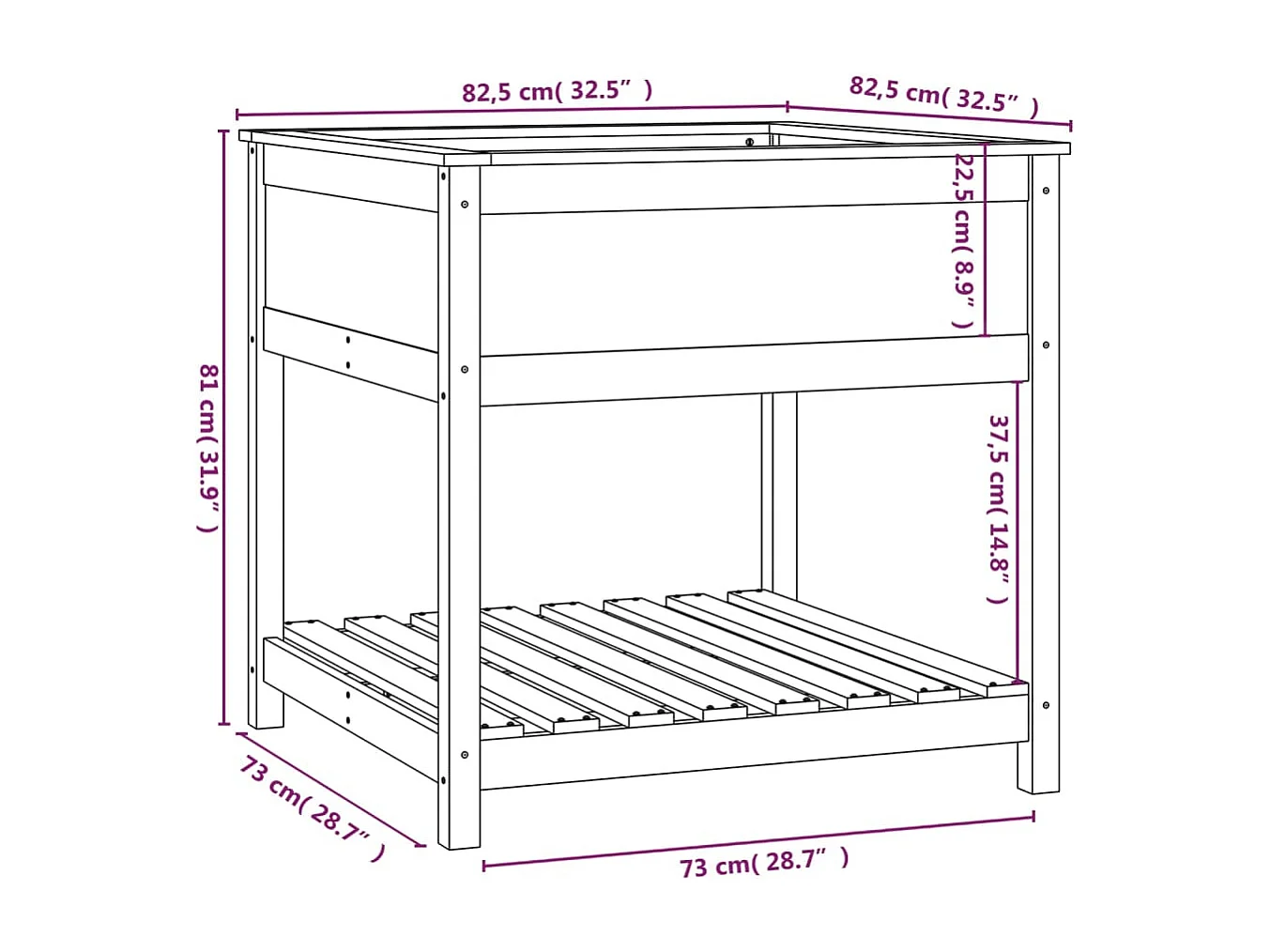 Jardinera con estante madera maciza de pino 82,5x82,5x81 cm
