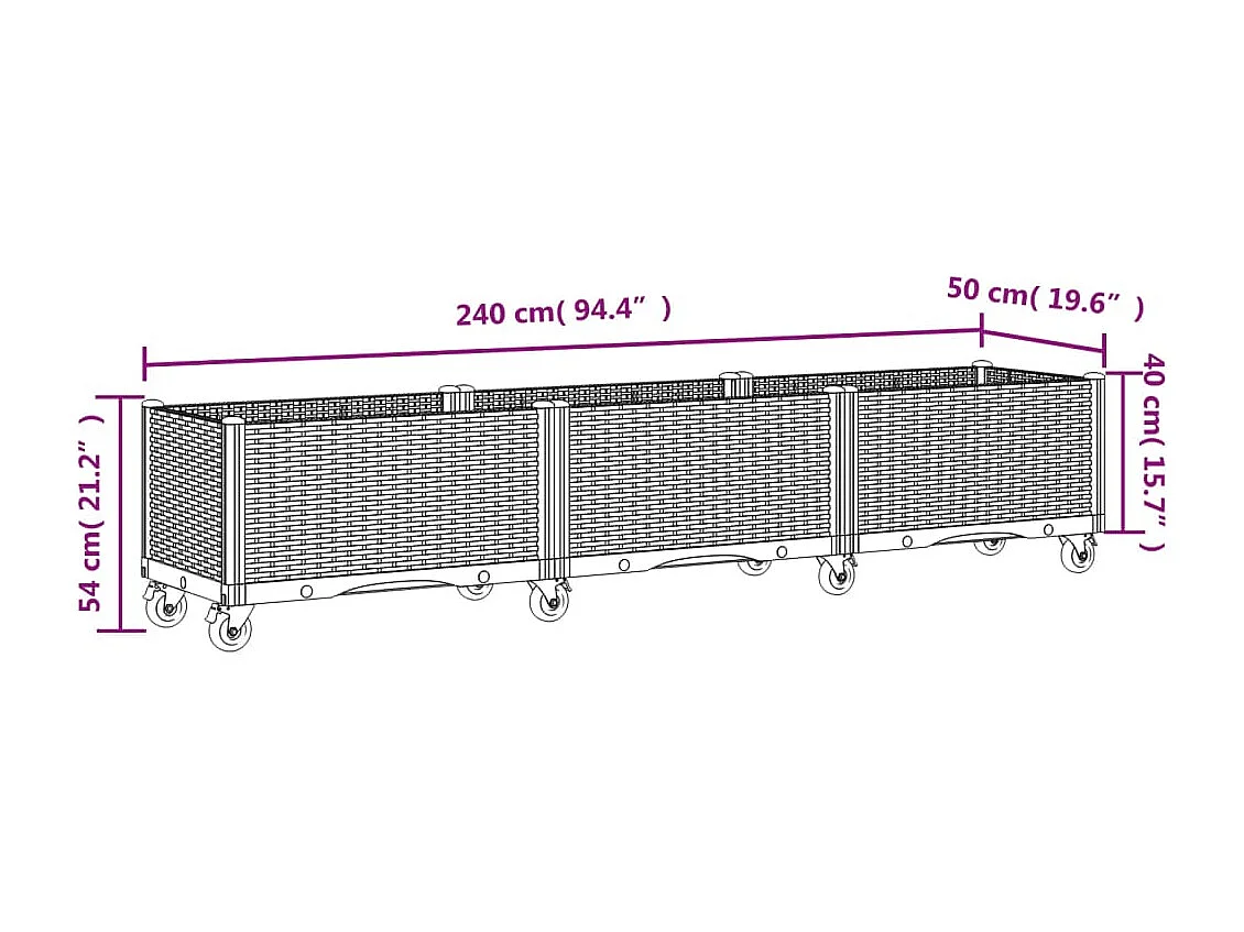 Jardinière à roulettes gris 240x50x54 cm PP