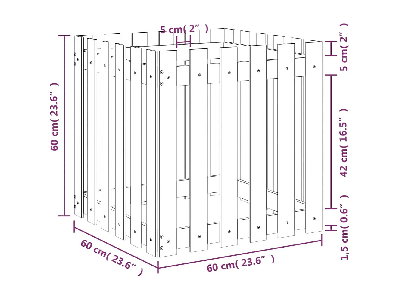 Jardinière avec design de clôture noir 60x60x60 cm pin massif
