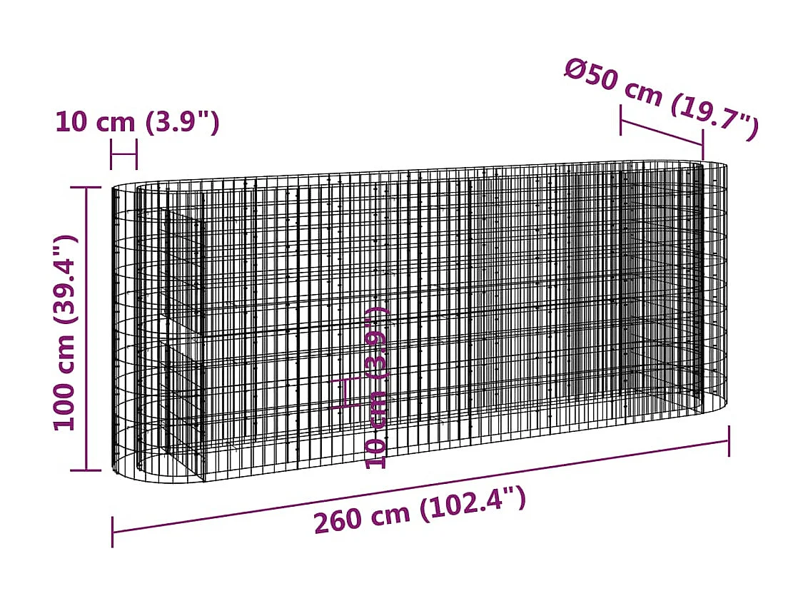 Lit surélevé à gabion Fer galvanisé 260x50x100 cm