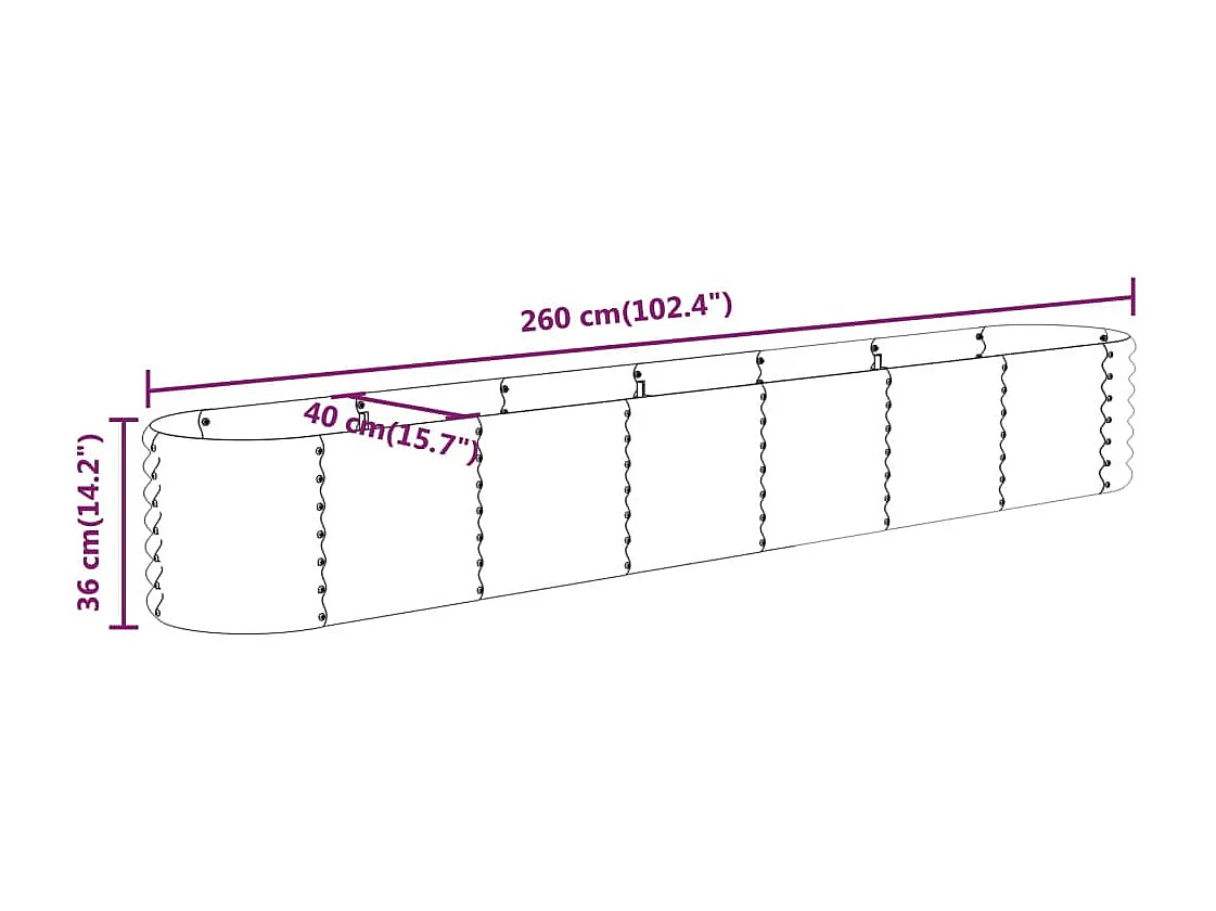 Jardinera arriate acero recubierto polvo antracita 260x40x36 cm