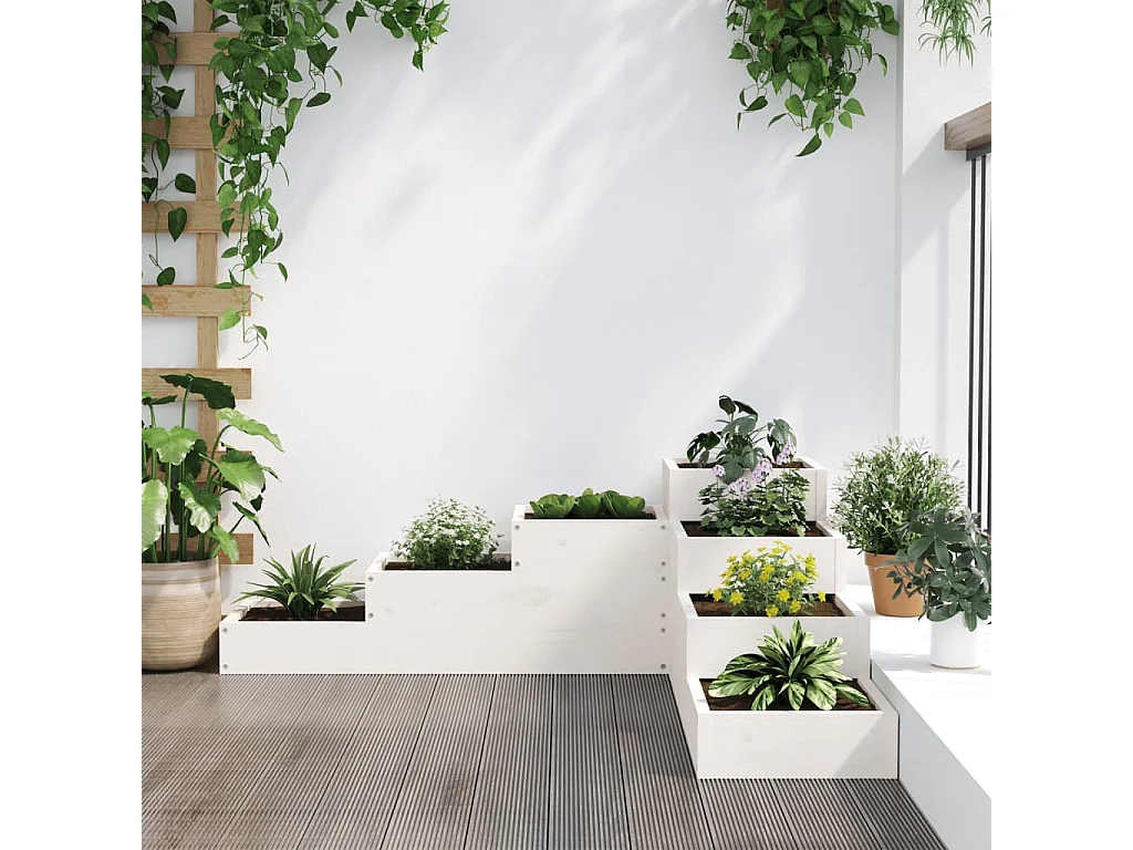 Jardinière 4 niveaux 106x104,5x36 cm blanc bois de pin massif