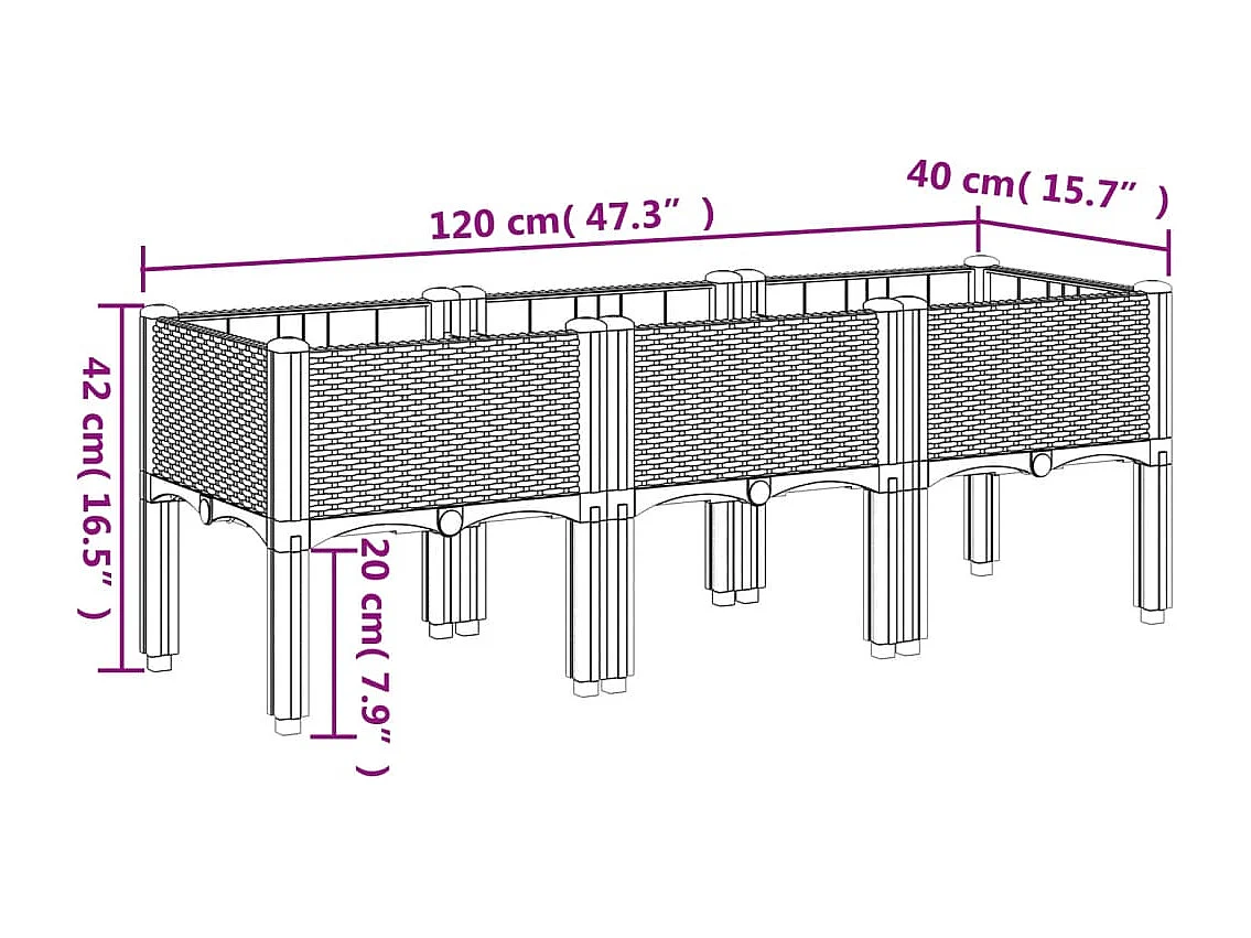 Vaso/floreira de jardim c/ pernas 120x40x42 cm PP castanho