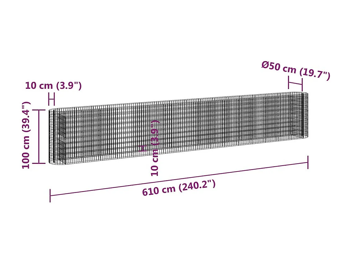 Lit surélevé à gabion Fer galvanisé 610x50x100 cm