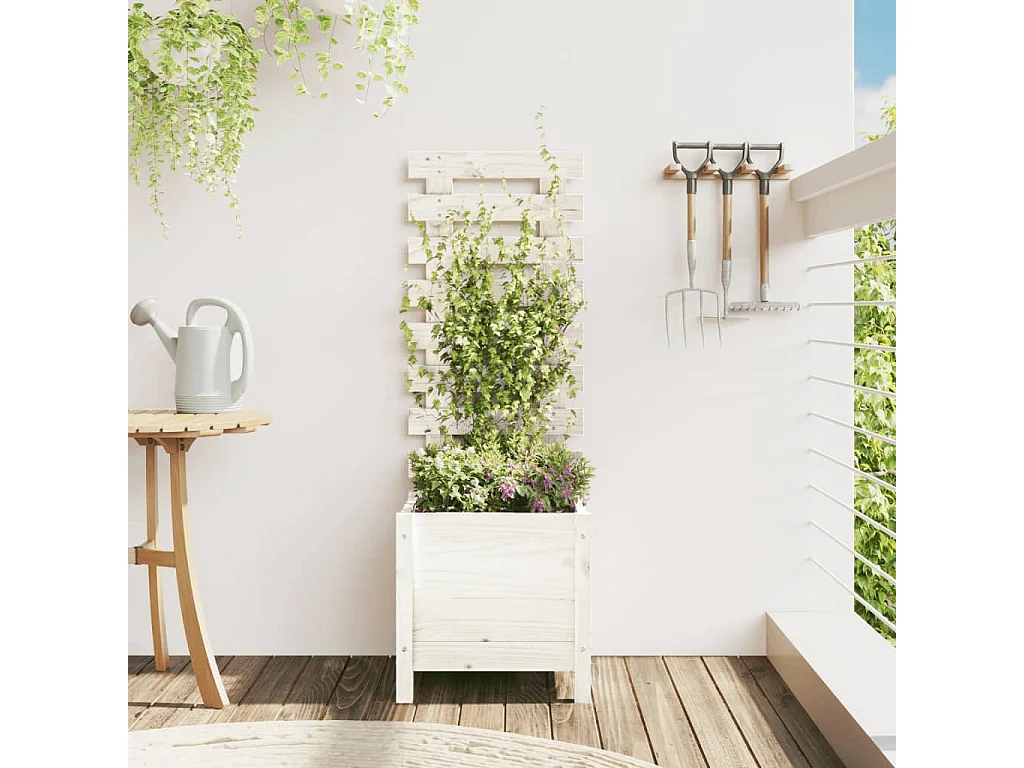Jardinière avec support blanc 39x39,5x114 cm bois de pin massif