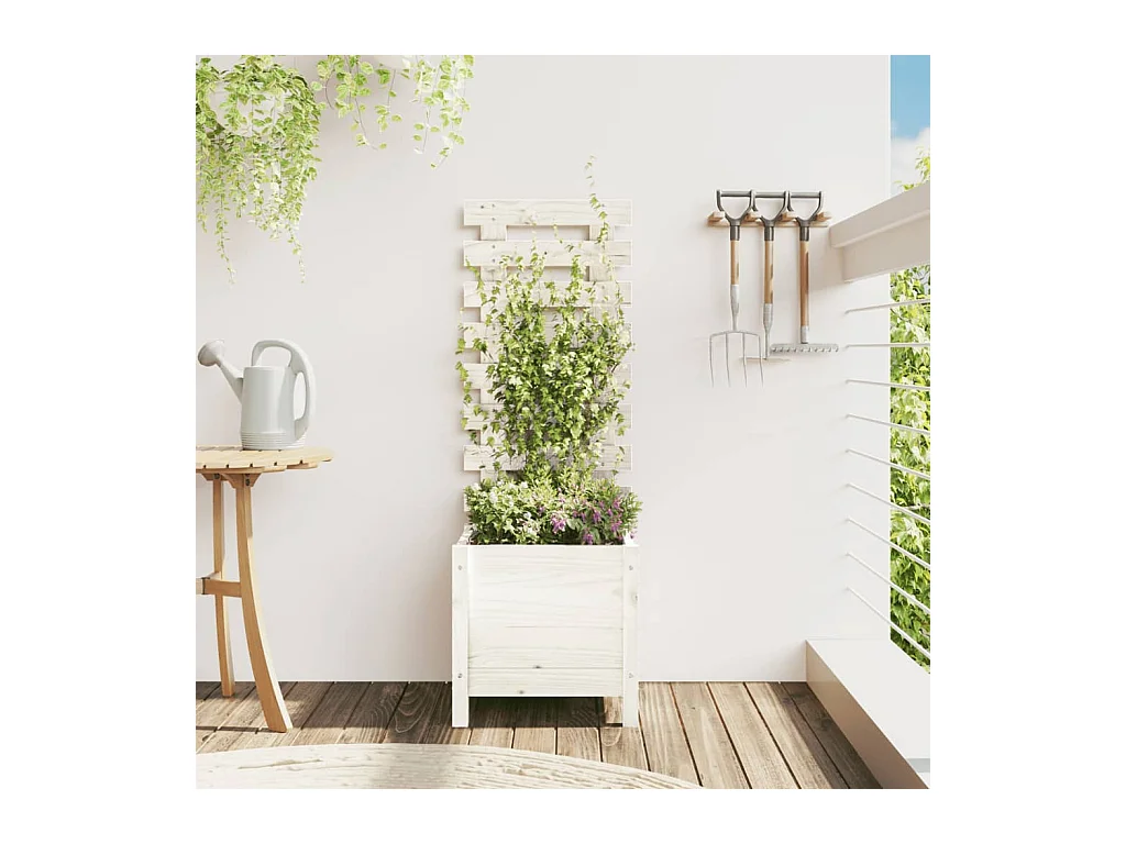 Jardinière avec support blanc 39x39,5x114 cm bois de pin massif