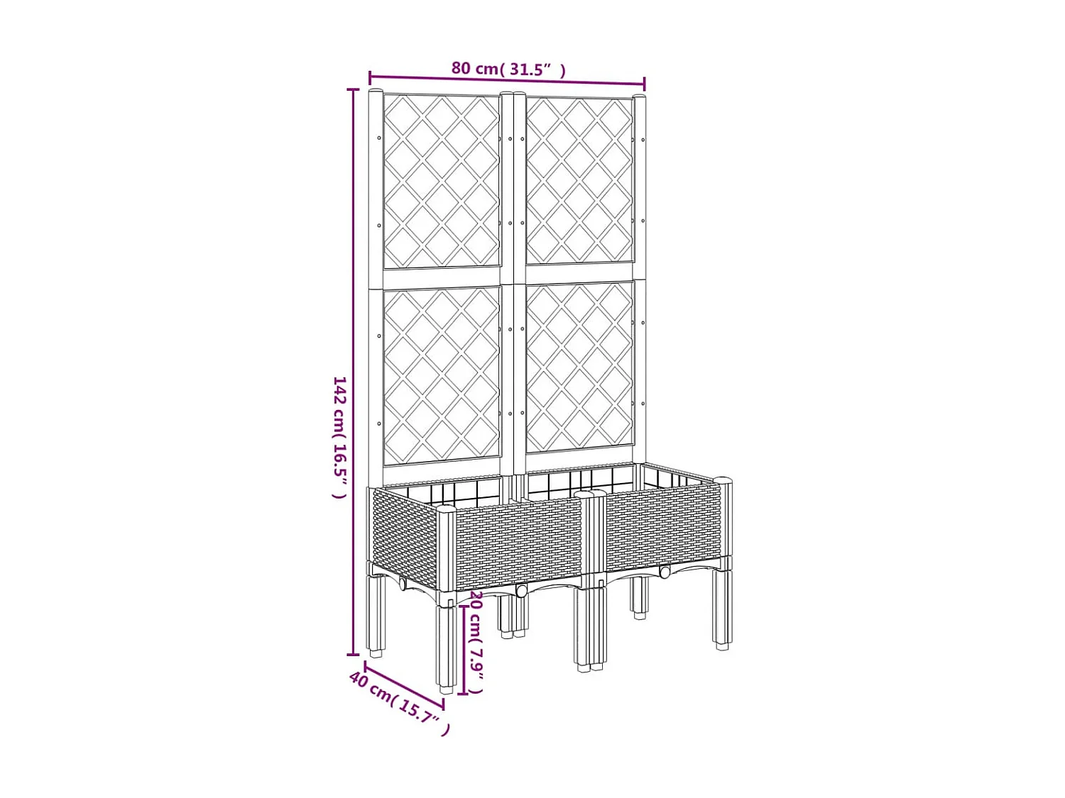 Vaso/floreira de jardim c/ treliça 80x40x142 cm PP cinzento
