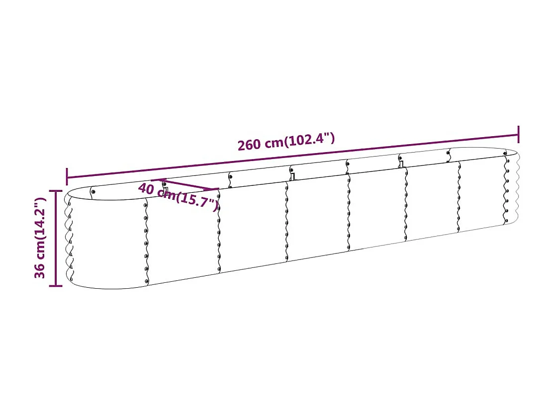 Jardinera arriate acero recubrimiento polvo verde 260x40x36 cm