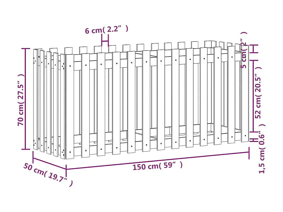 Lit surélevé de jardin design de clôture 150x50x70cm pin massif