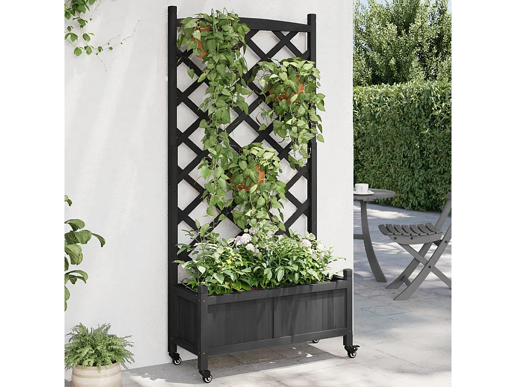 Jardinera con enrejado y ruedas madera maciza de abeto negro