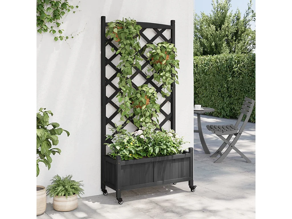 Jardinera con enrejado y ruedas madera maciza de abeto negro