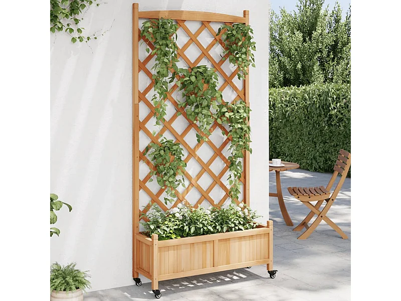 Jardinière avec treillis et roues marron bois massif de sapin