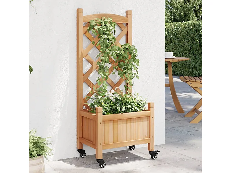 Jardinière avec treillis et roues marron bois massif de sapin