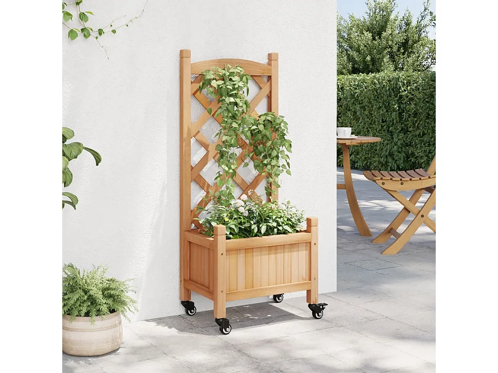 Jardinière avec treillis et roues marron bois massif de sapin