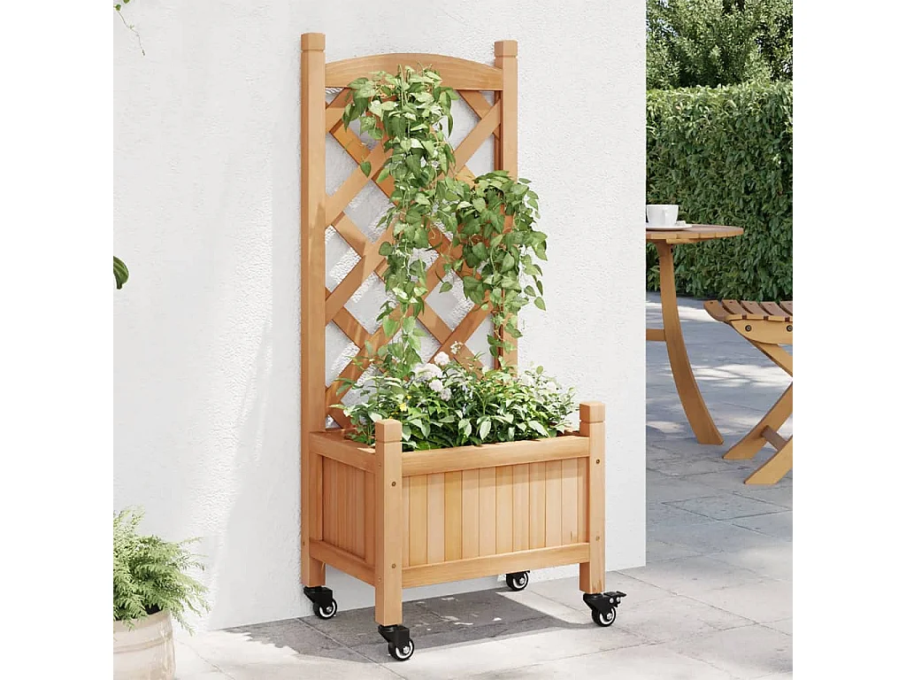 Jardinera con enrejado y ruedas madera maciza de abeto marrón