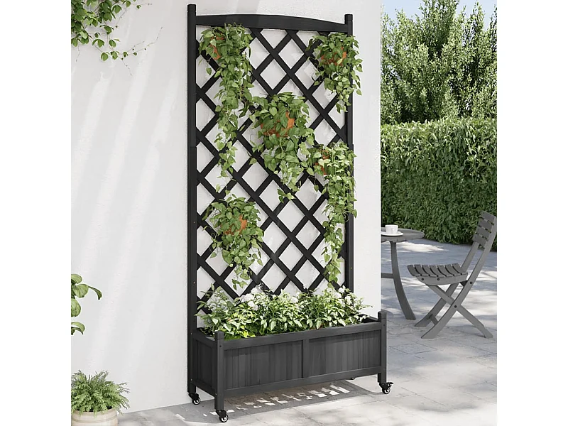 Jardinière avec treillis et roues noir bois massif de sapin
