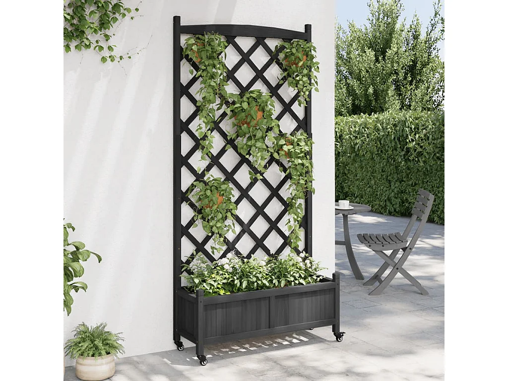 Jardinière avec treillis et roues noir bois massif de sapin