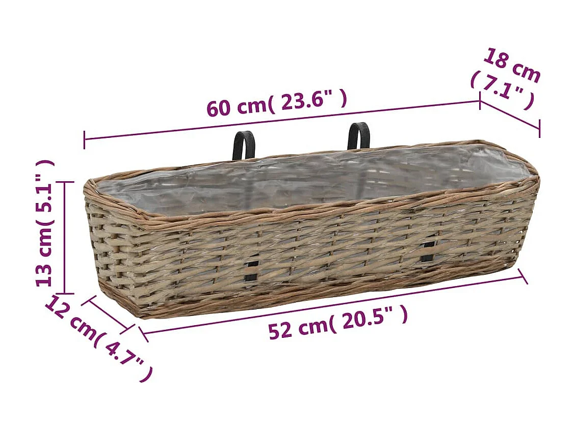 Jardinière de balcon 2 pièces Osier avec doublure en PE 60 cm