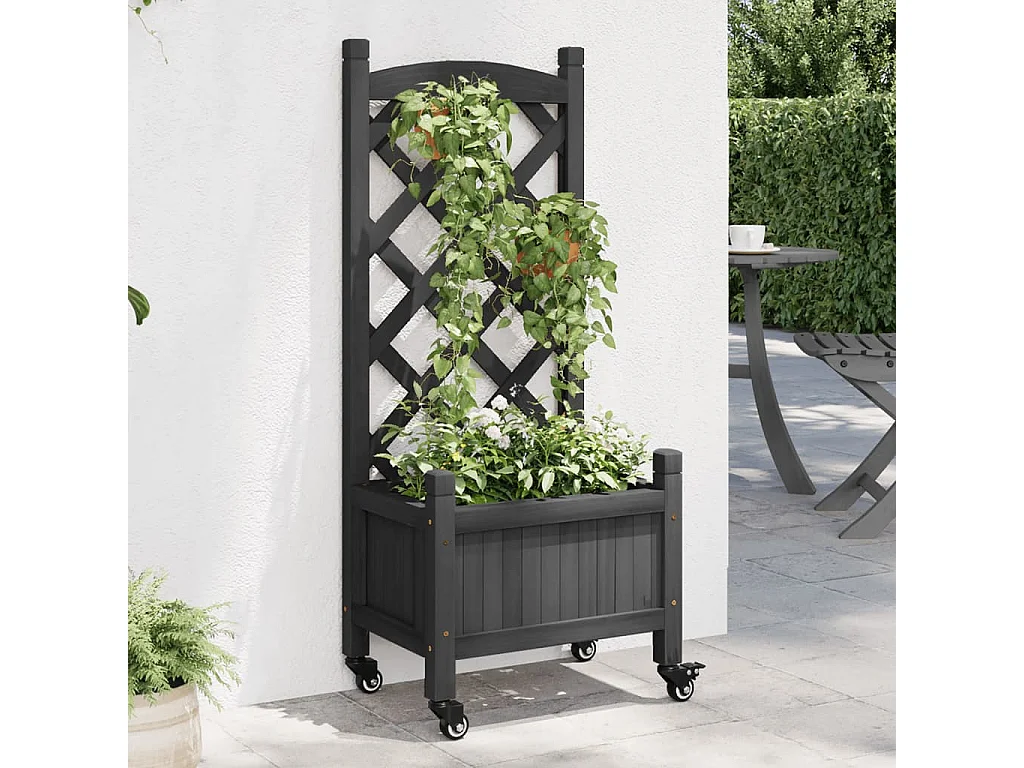 Jardinera con enrejado y ruedas madera maciza de abeto negro