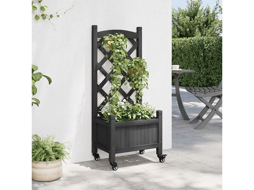 Jardinera con enrejado y ruedas madera maciza de abeto negro