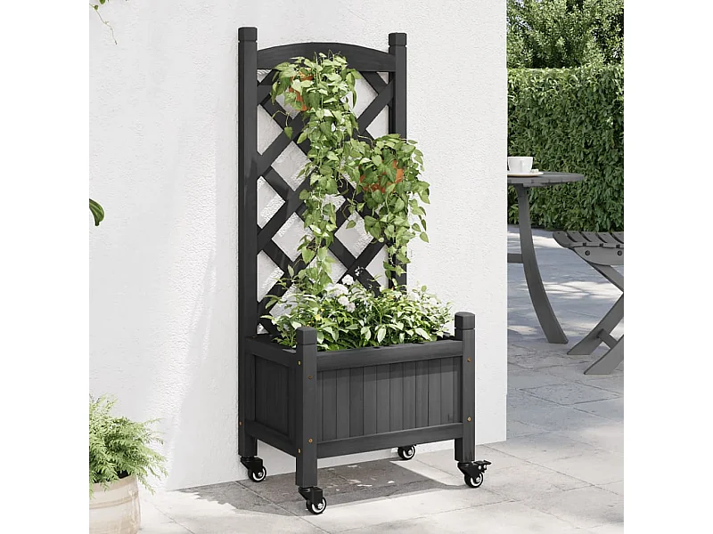 Jardinière avec treillis et roues gris bois massif de sapin