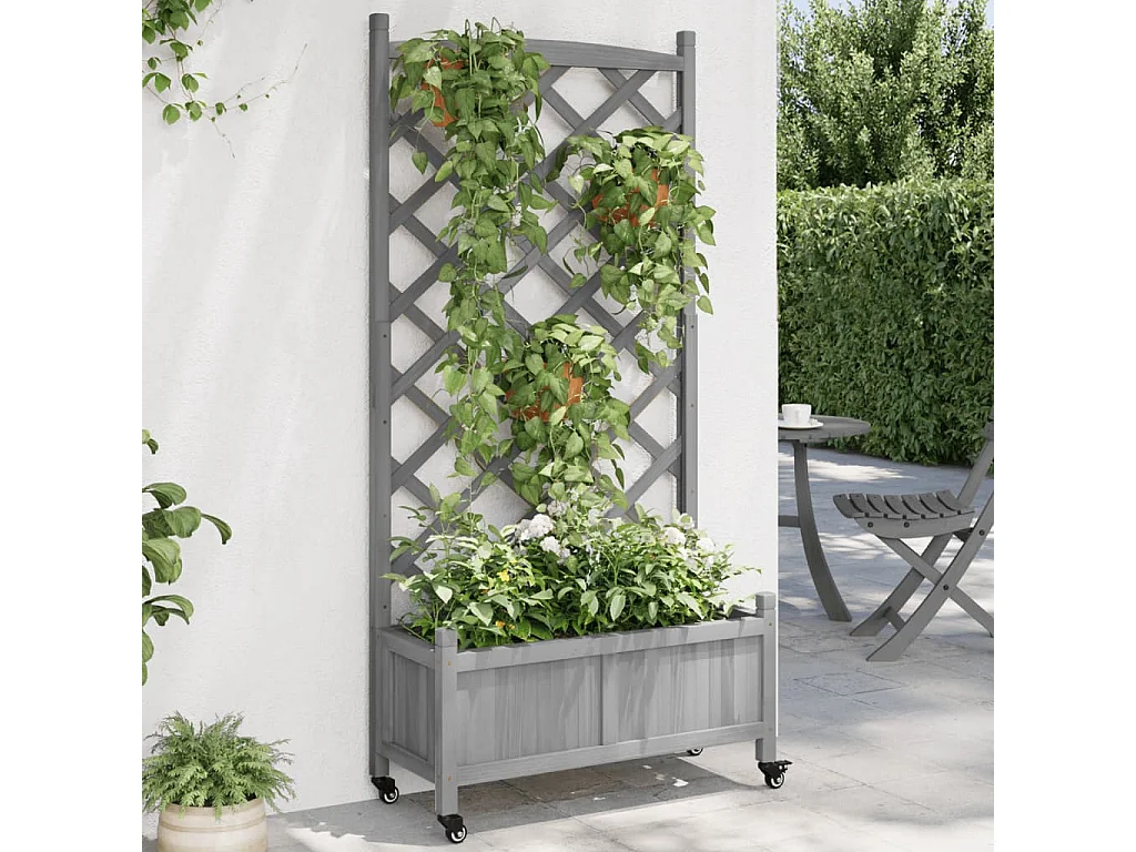 Jardinière avec treillis et roues gris bois massif de sapin
