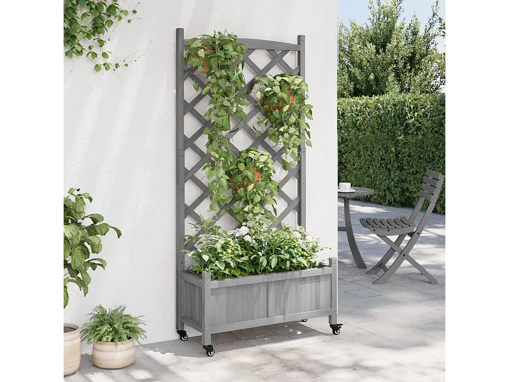 Jardinière avec treillis et roues gris bois massif de sapin