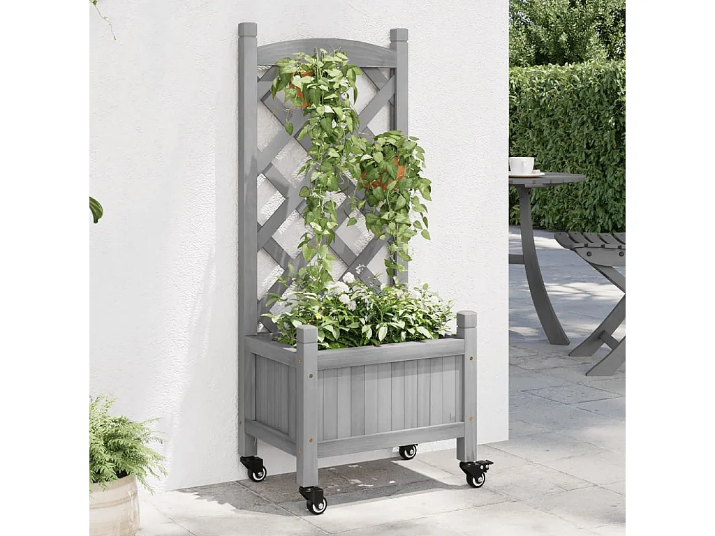 Jardinière avec treillis et roues gris bois massif de sapin