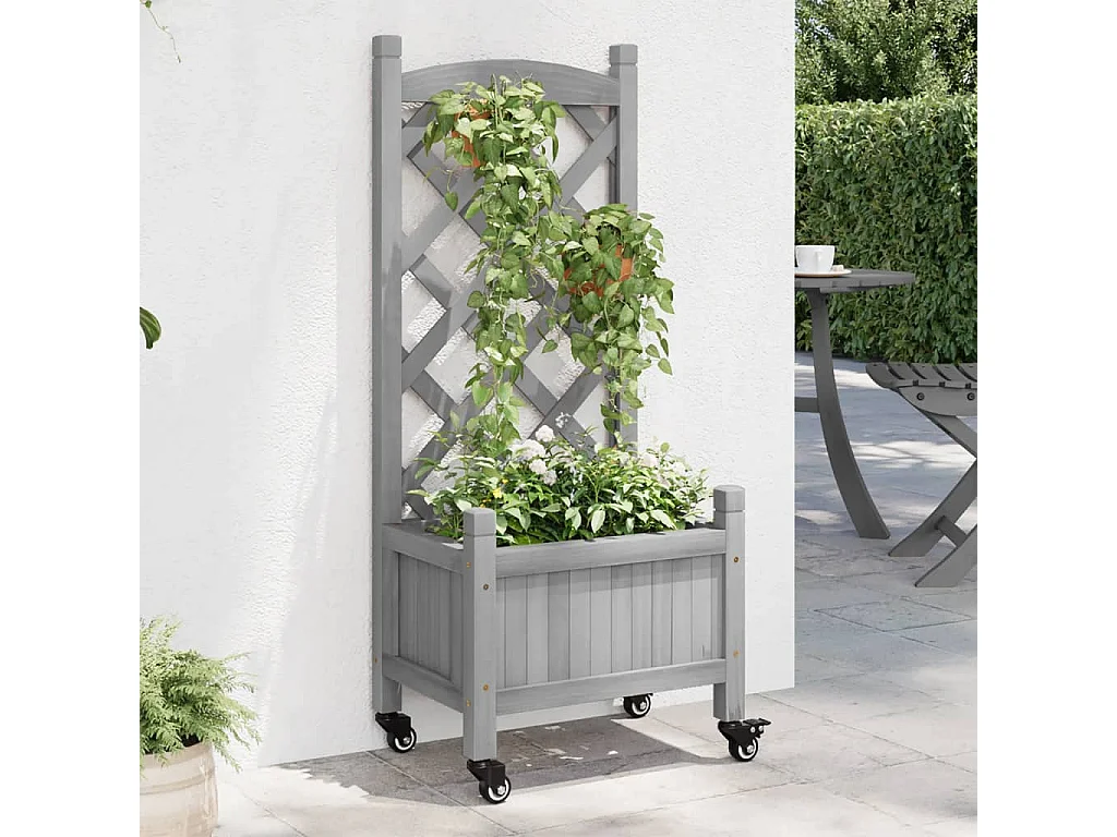 Jardinera con enrejado y ruedas madera maciza de abeto gris