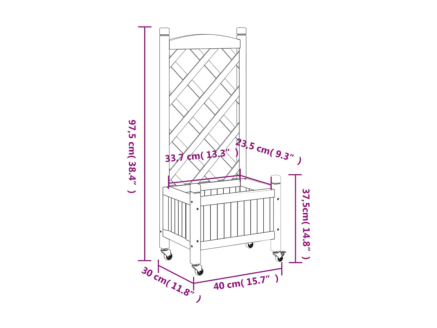 Jardinera con enrejado y ruedas madera maciza de abeto gris