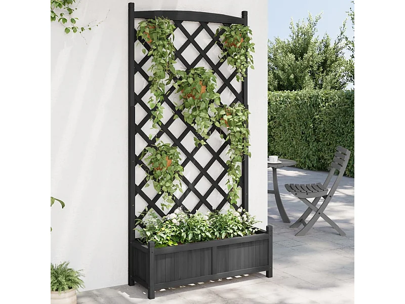 Jardinière avec treillis noir bois massif de sapin