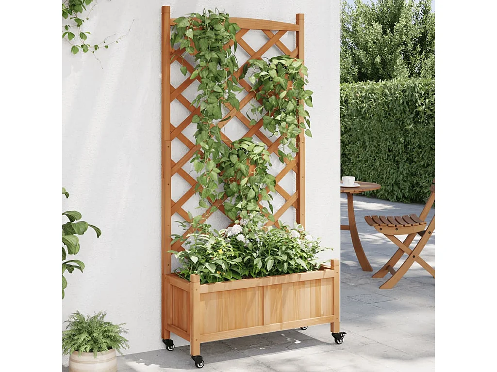 Jardinera con enrejado y ruedas madera maciza de abeto marrón