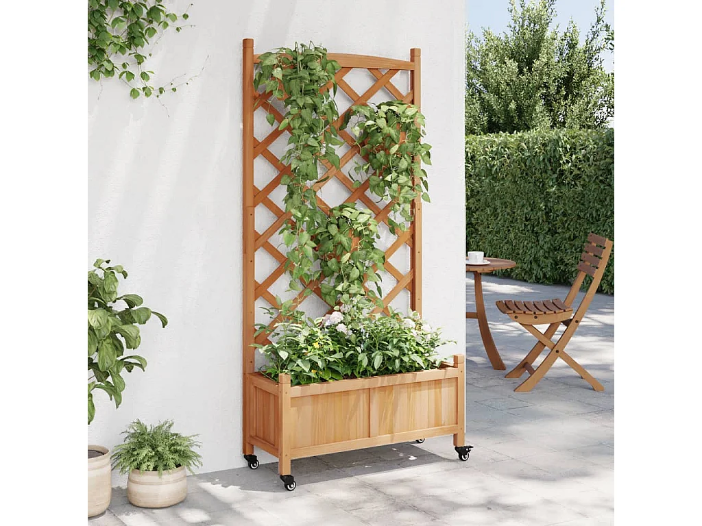 Jardinera con enrejado y ruedas madera maciza de abeto marrón