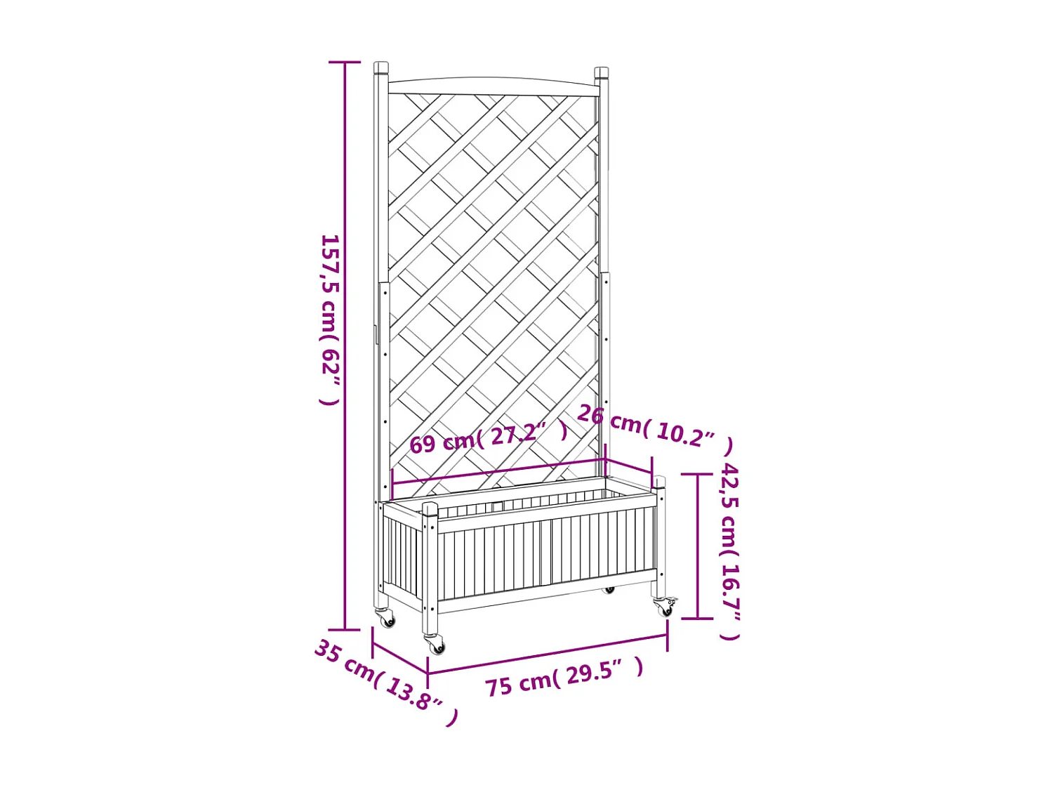 Jardinera con enrejado y ruedas madera maciza de abeto marrón