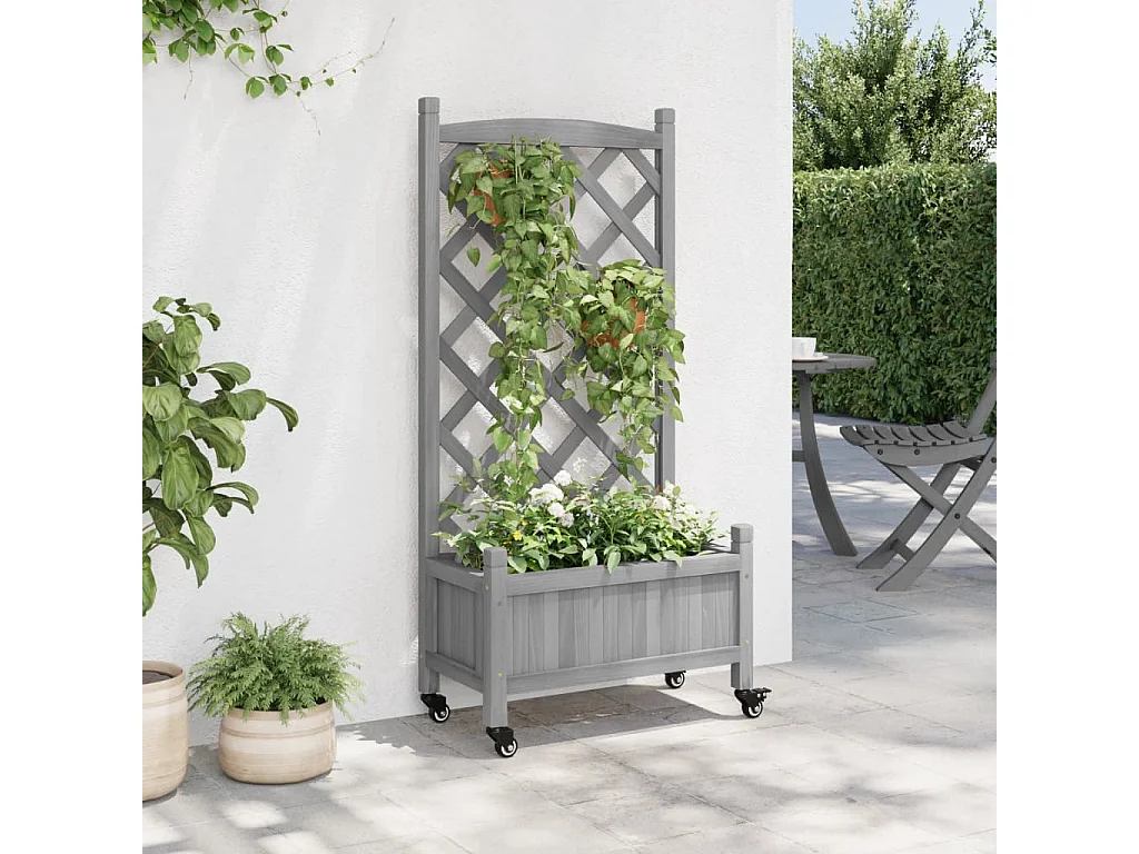 Jardinière avec treillis et roues gris bois massif de sapin