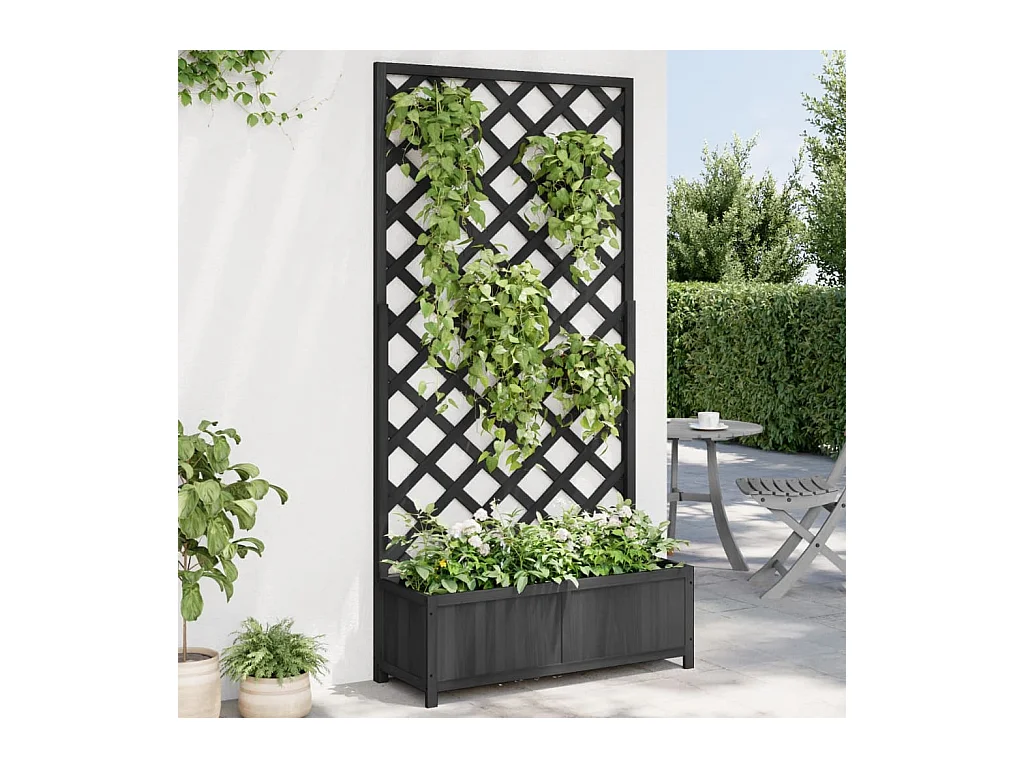 Jardinière avec treillis noir bois massif de sapin