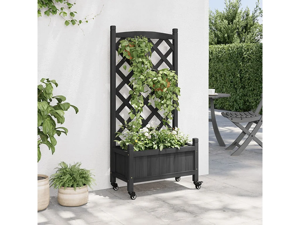 Jardinera con enrejado y ruedas madera maciza de abeto negro