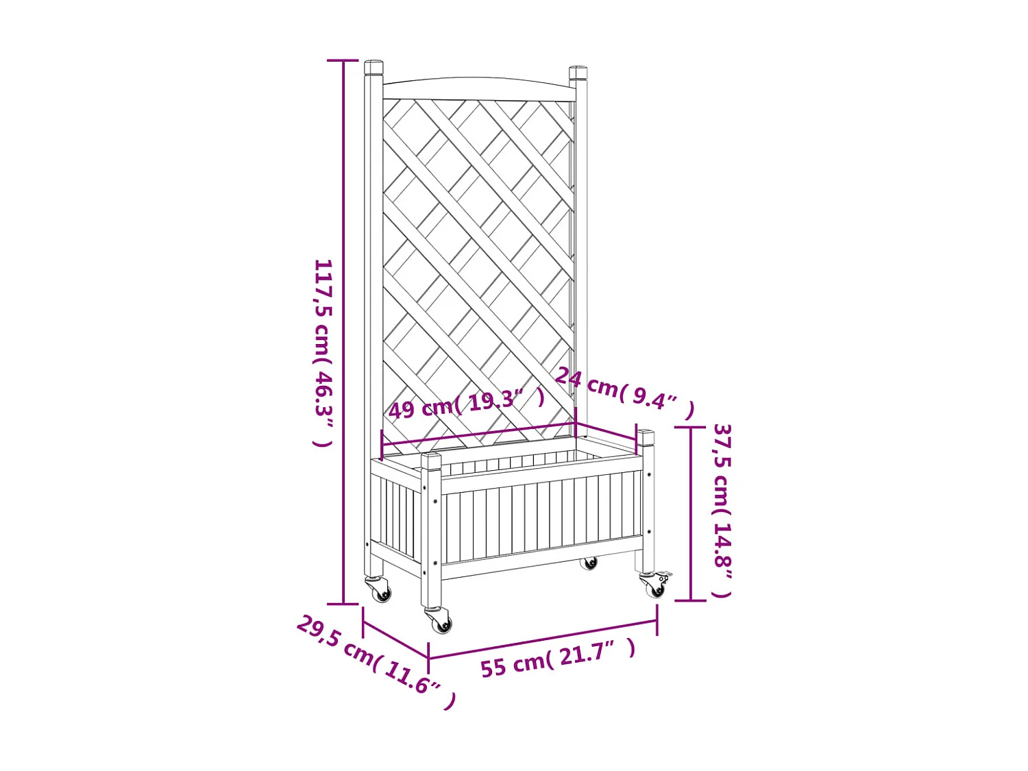 Jardinera con enrejado y ruedas madera maciza de abeto negro