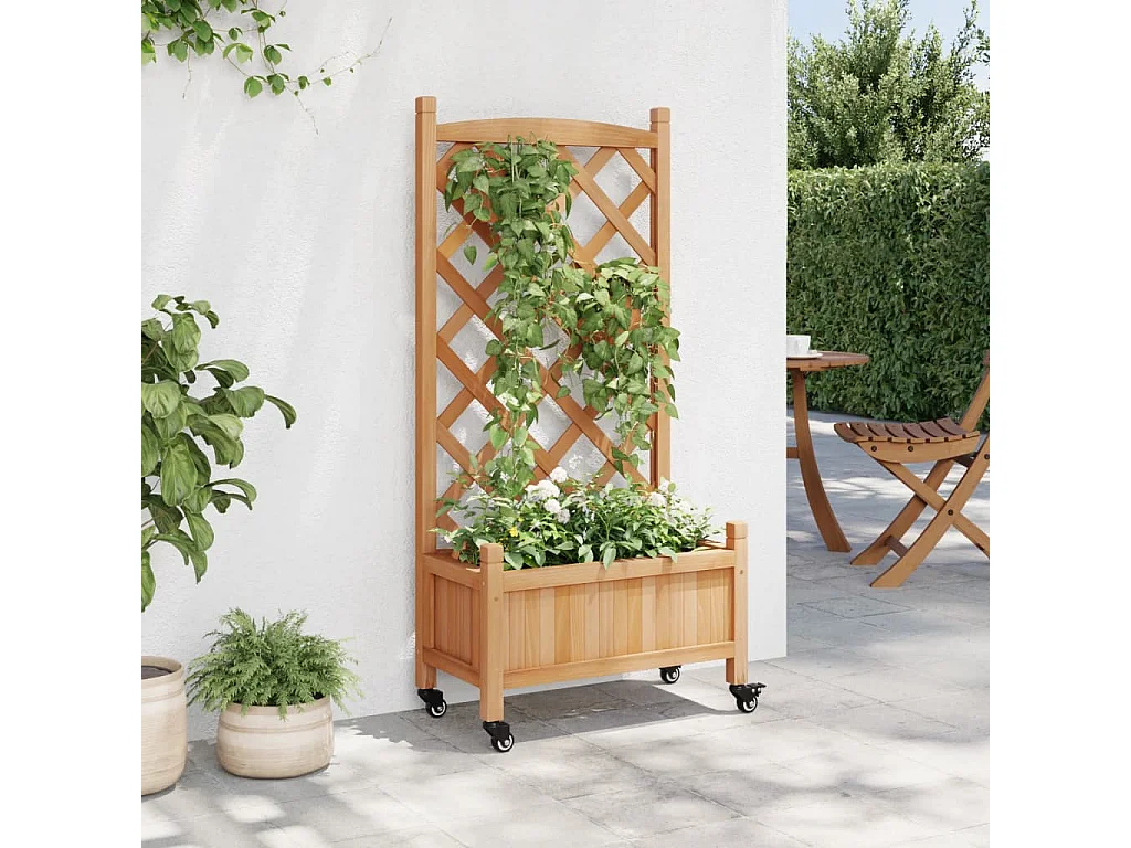 Jardinière avec treillis et roues marron bois massif de sapin