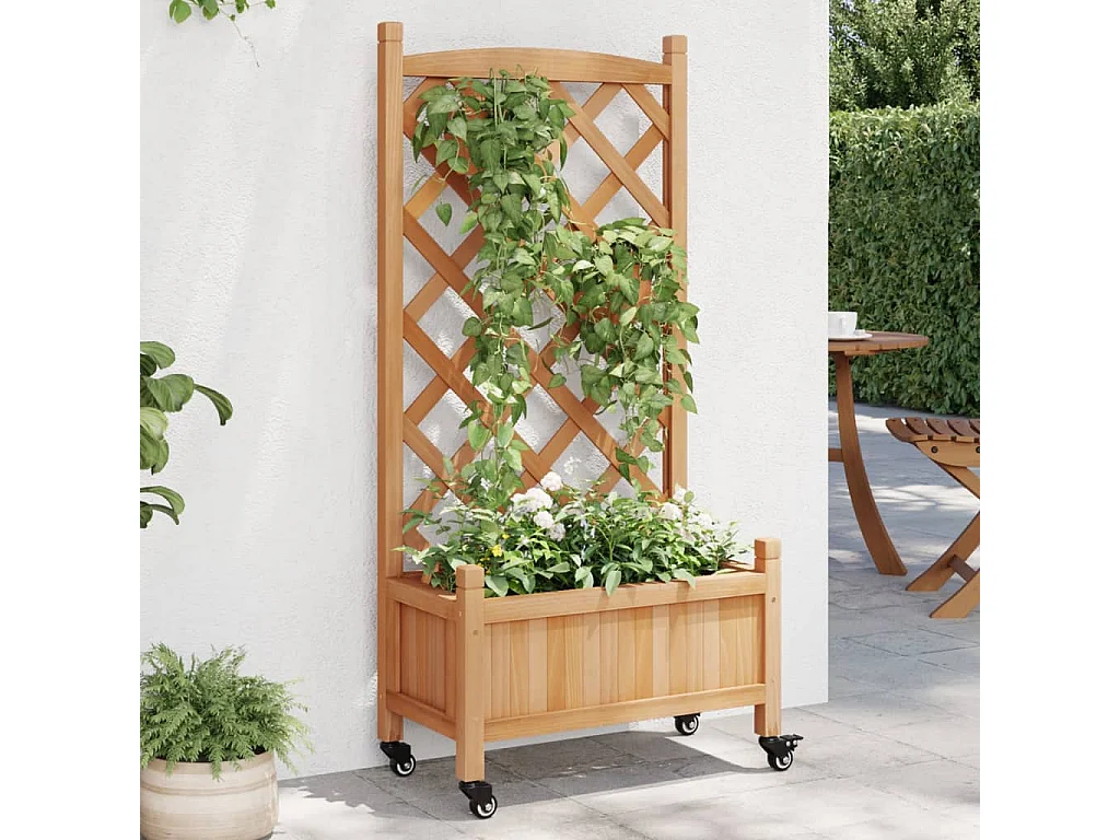 Jardinera con enrejado y ruedas madera maciza de abeto marrón