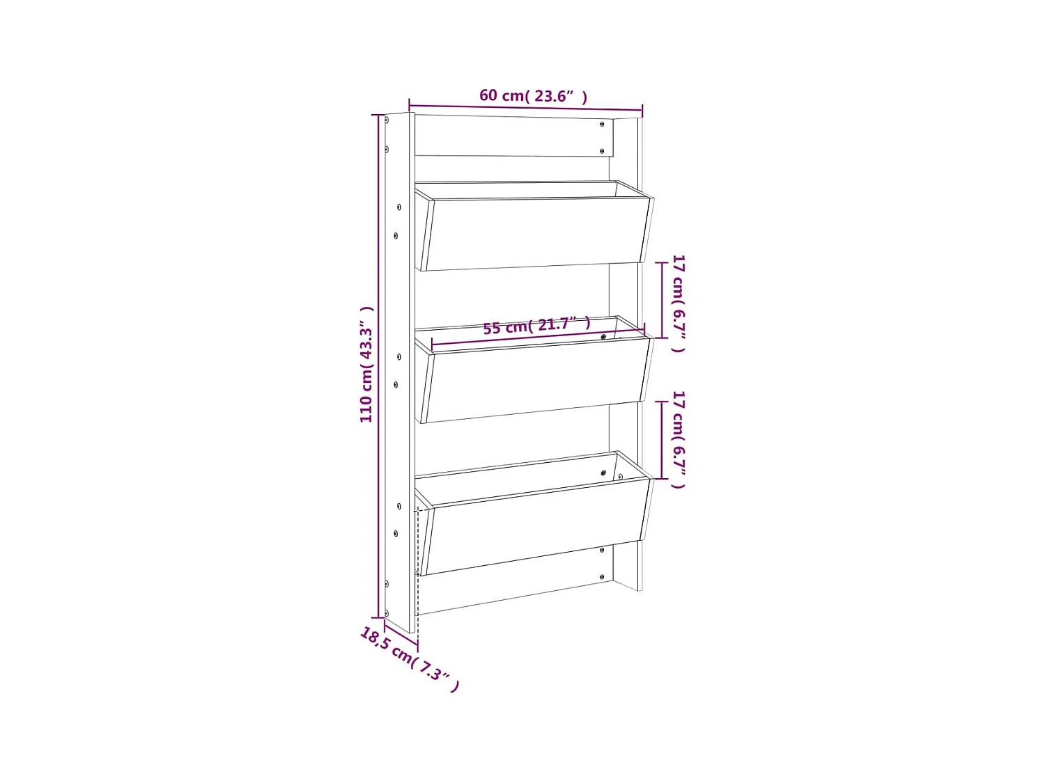 Jardinera de pared 3 niveles madera maciza pino 60x18,5x110 cm