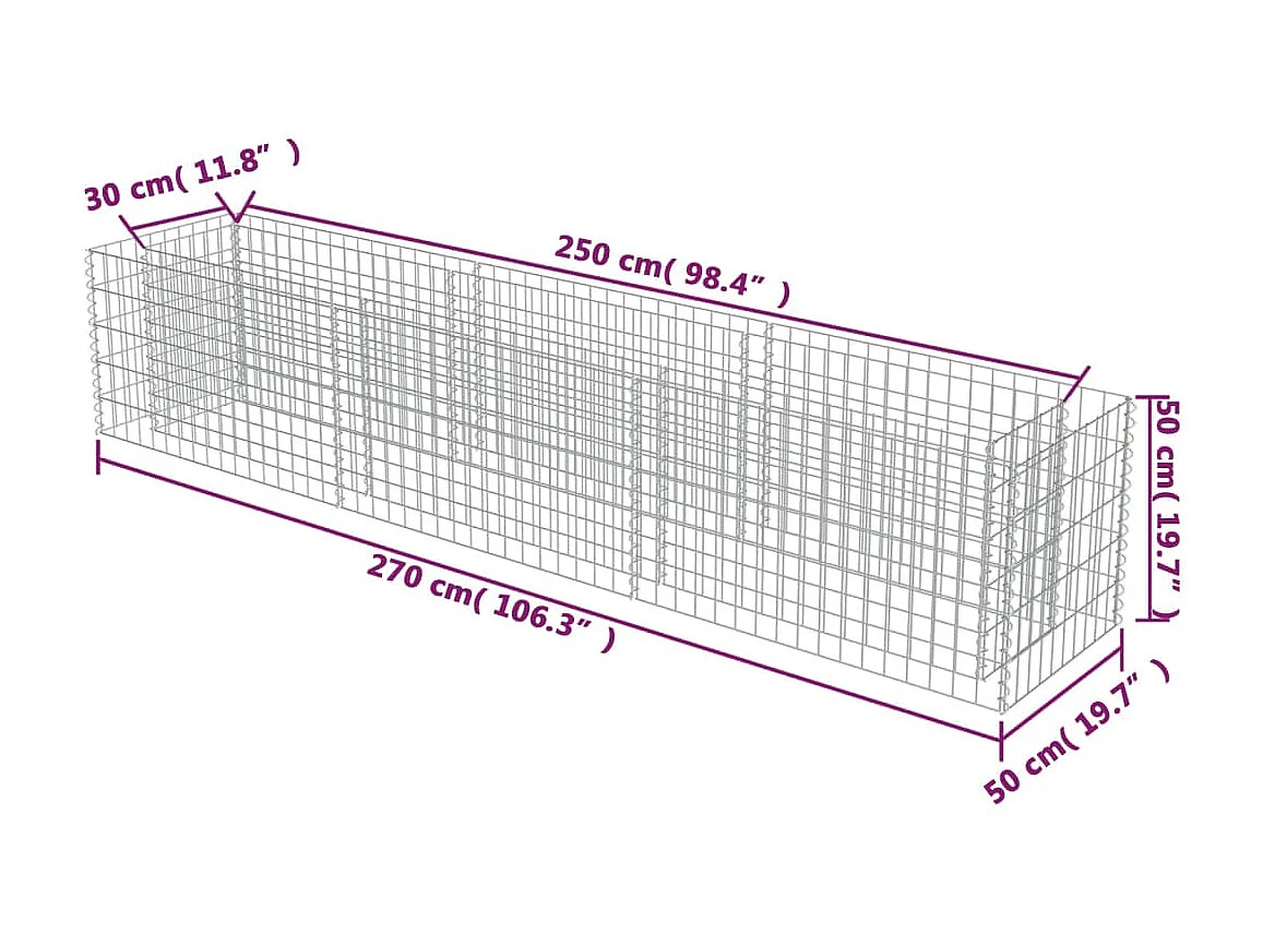 Lit surélevé à gabion Acier galvanisé 270x50x50 cm