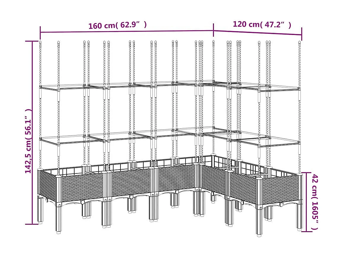 Vaso/floreira de jardim c/ treliça 160x120x142,5 cm PP preto