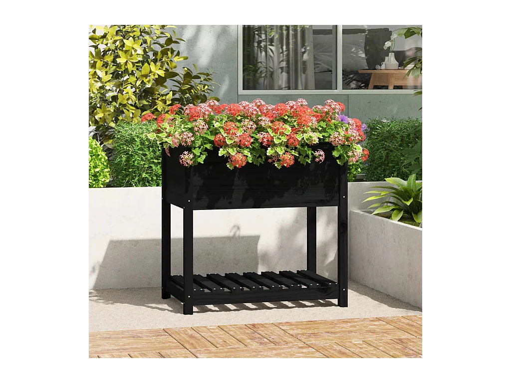 Jardinière avec étagère Noir 82,5x54x81 cm Bois massif de pin