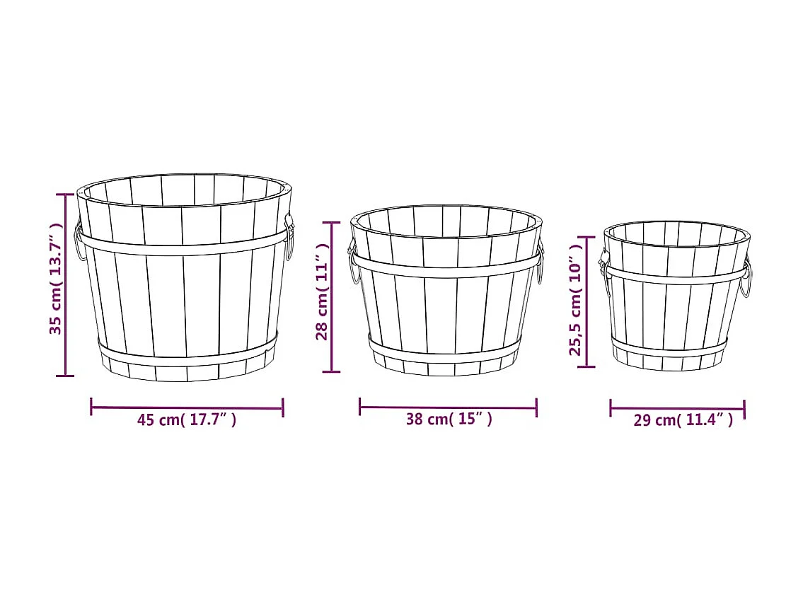 3 peças conjunto de vasos em forma de balde abeto maciço