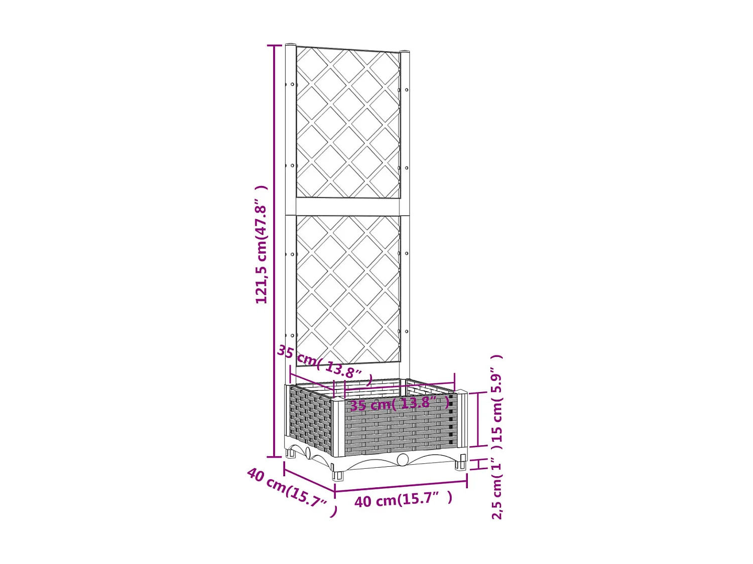 Vaso/floreira jardim c/ treliça 40x40x121,5 cm PP cinza-escuro