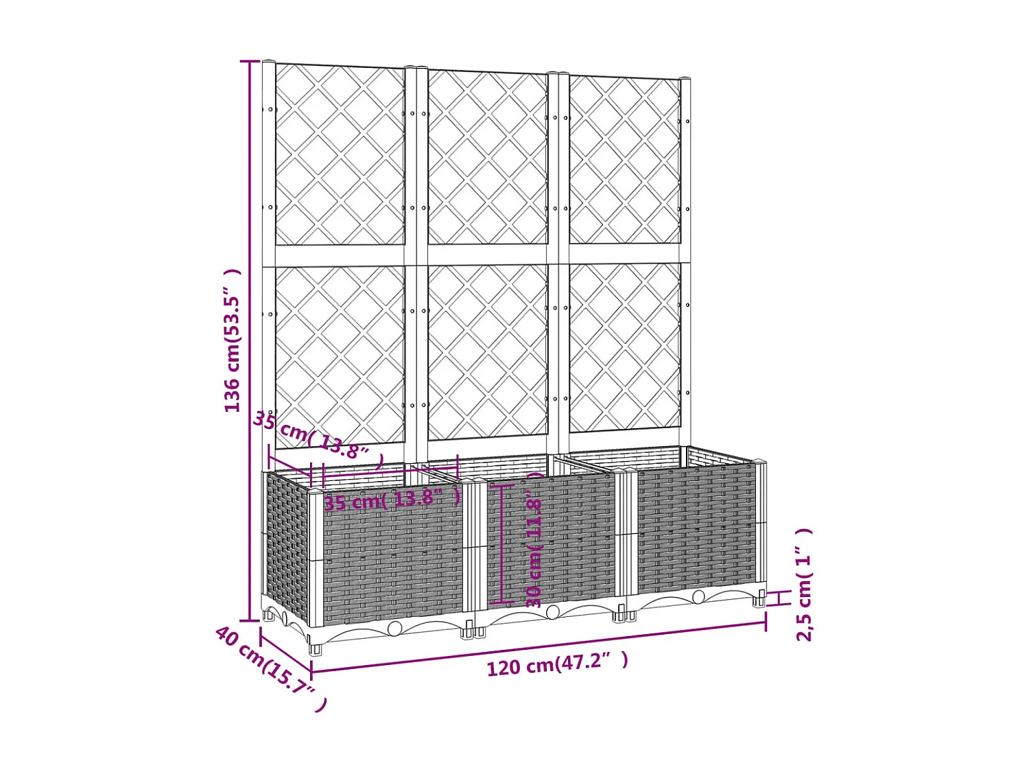 Vaso/floreira jardim c/ treliça 120x40x136 cm PP cinza-escuro
