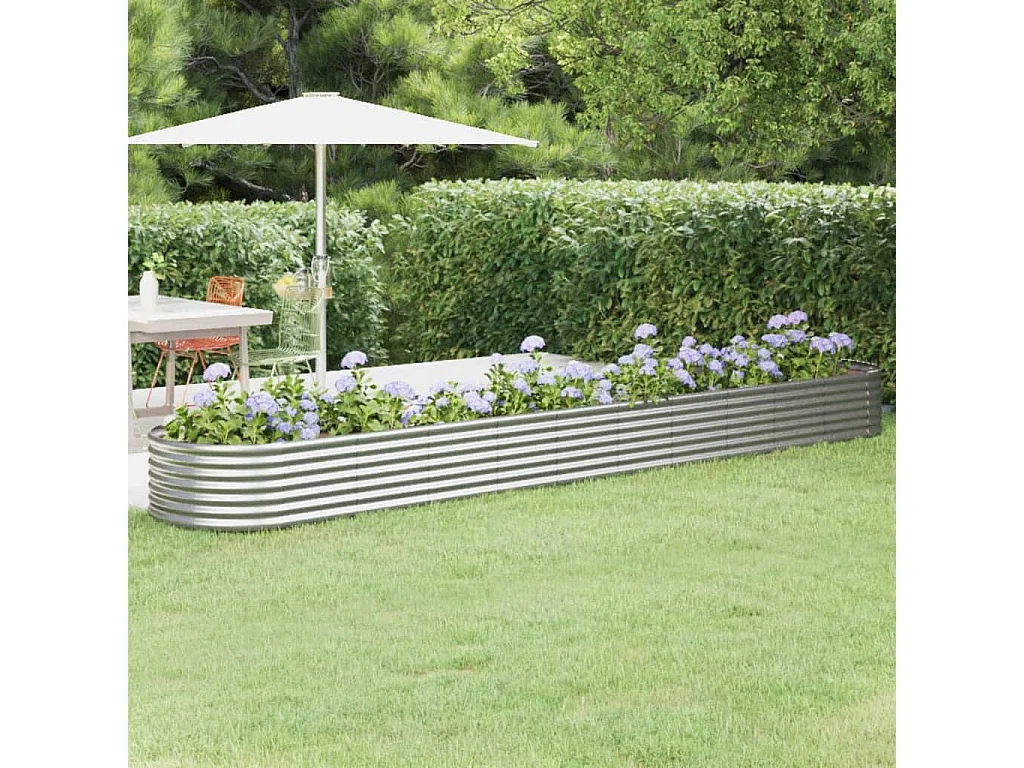 Canteiro elevado jardim 440x80x36cm aço revestido a pó prateado