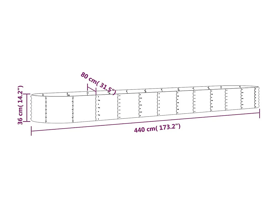 Canteiro elevado jardim 440x80x36cm aço revestido a pó prateado